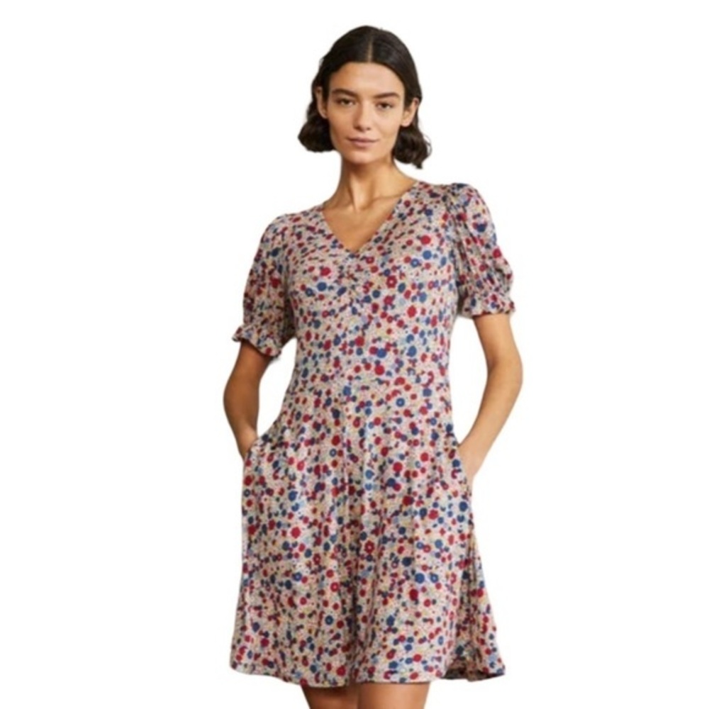 Boden V-Neck Jersey Dress Riviera Blue, Floret Cluster Size US 2